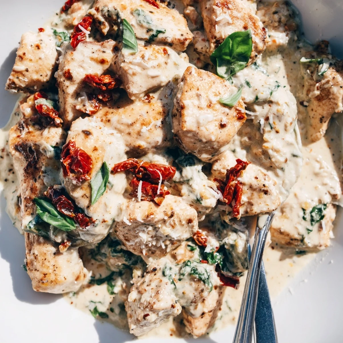 Golden pan-seared chicken breasts swimming in rich creamy sun dried tomato garlic sauce