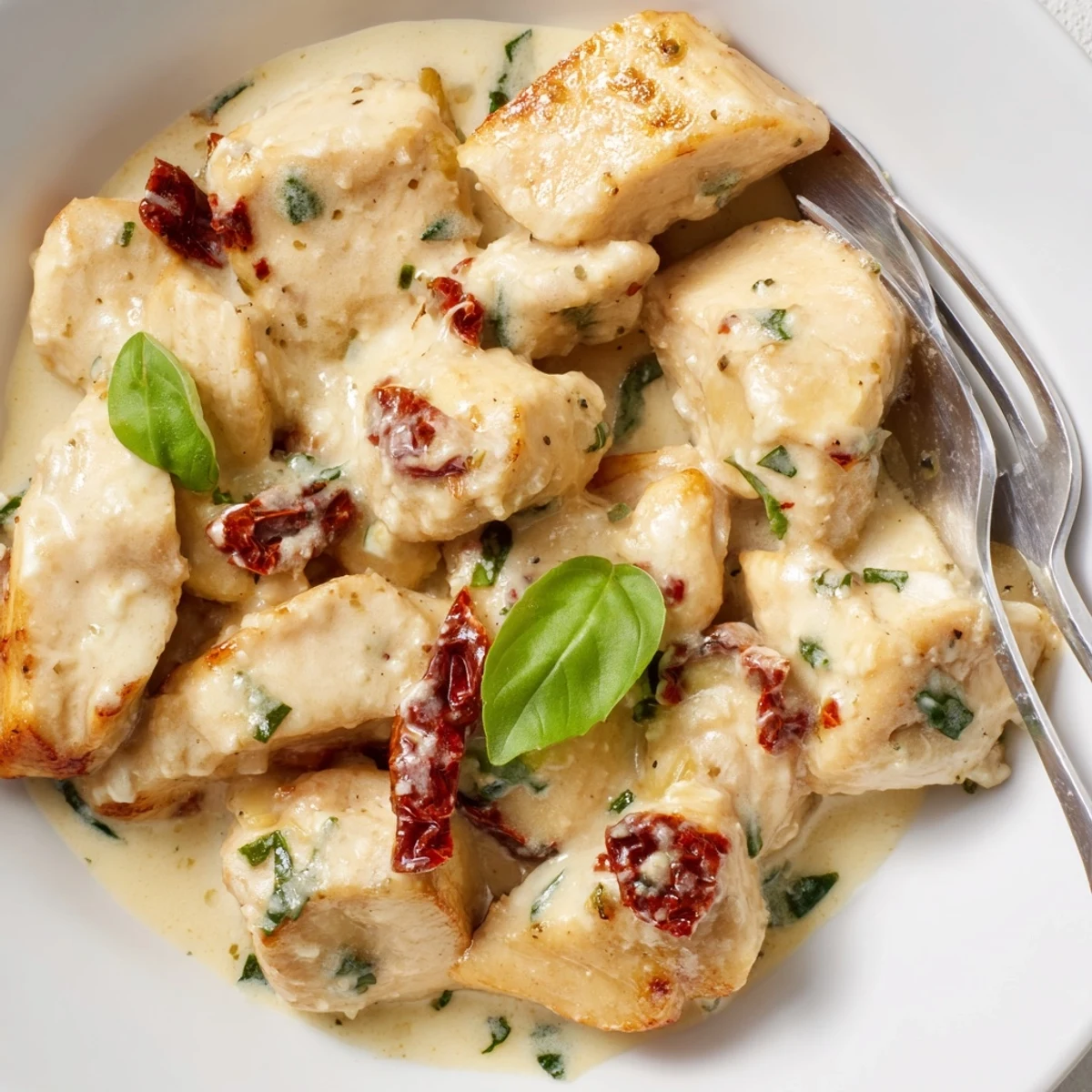 Tender chicken pieces coated in luscious white sauce dotted with bright sun dried tomatoes
