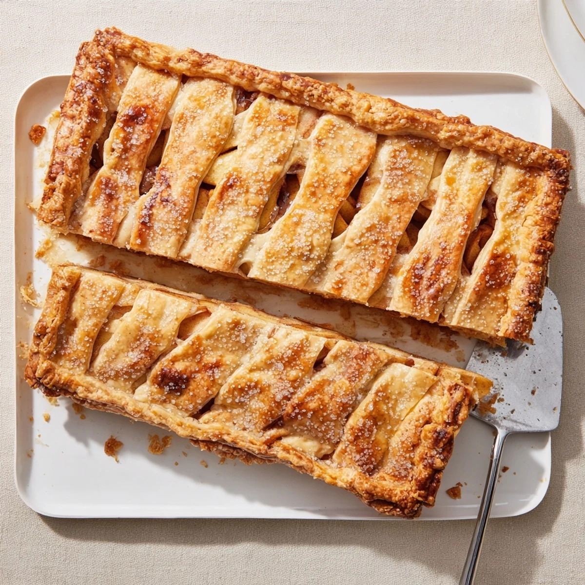 Golden apple slab pie with flaky crust and spiced filling, baked to perfection in a rectangular pan