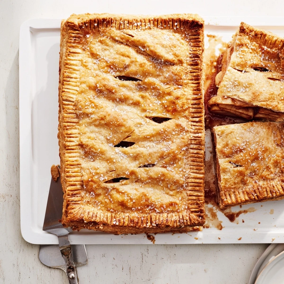 Rustic apple slab pie featuring bubbling cinnamon apple layers beneath a golden brown egg-washed pastry top