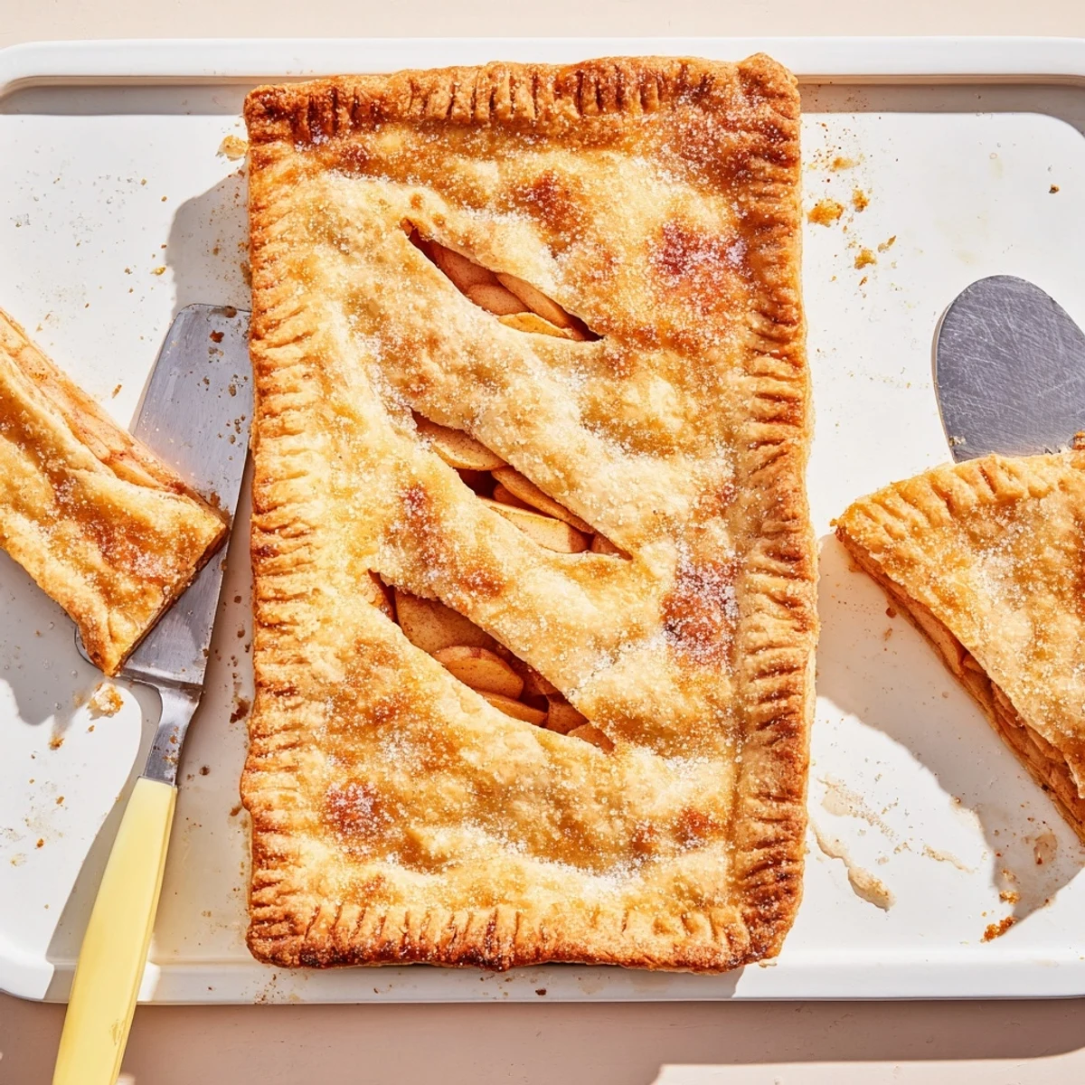 Sliced apple slab pie squares showing tender fruit filling inside buttery, sugar-dusted crust ideal for gatherings