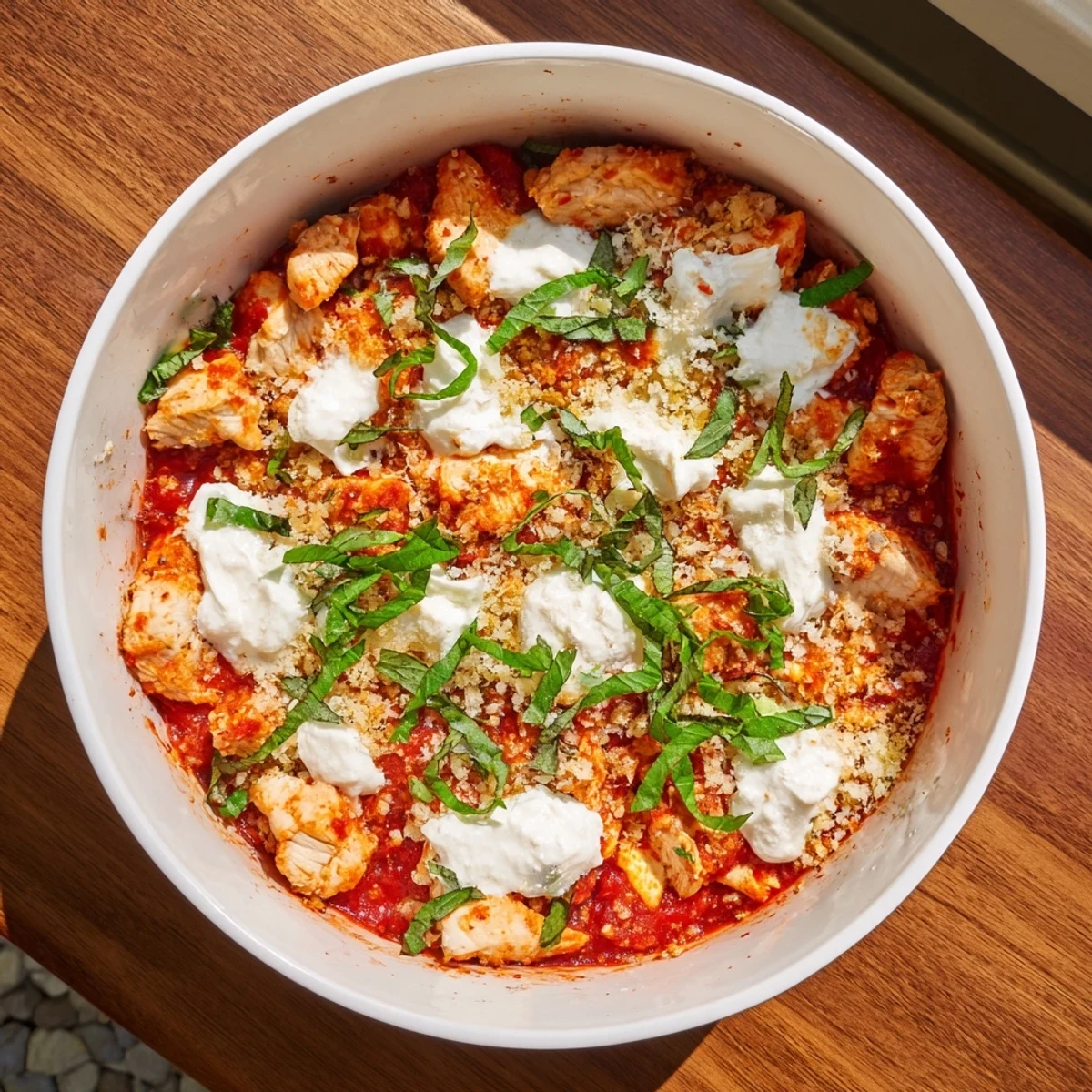 Golden brown chicken breast nestled in marinara sauce topped with meltedIt seems I got cut off. Let me provide the complete 3 ALT texts: