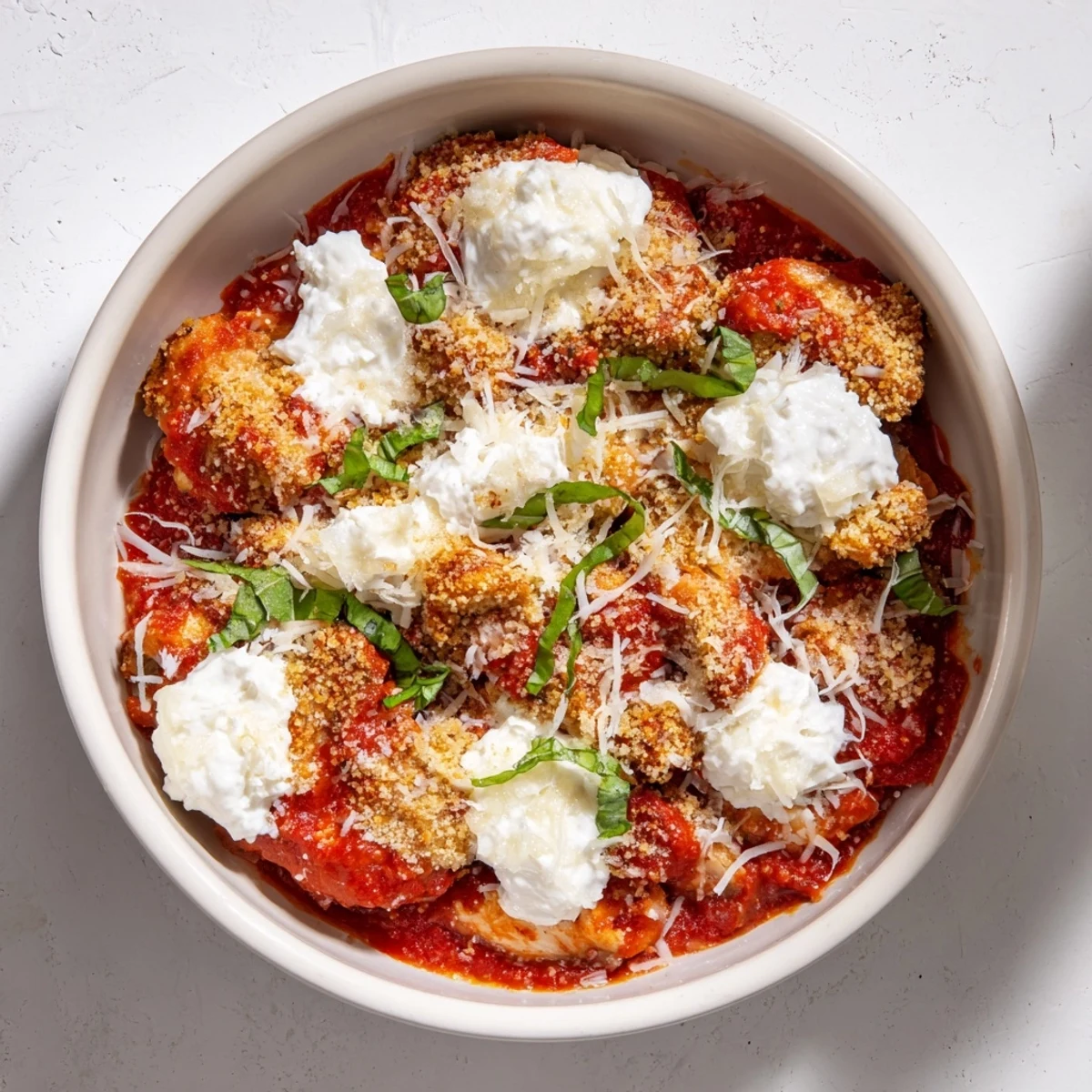 Golden brown chicken breast nestled in marinara sauce topped with melted mozzarella and parmesan in a bowl