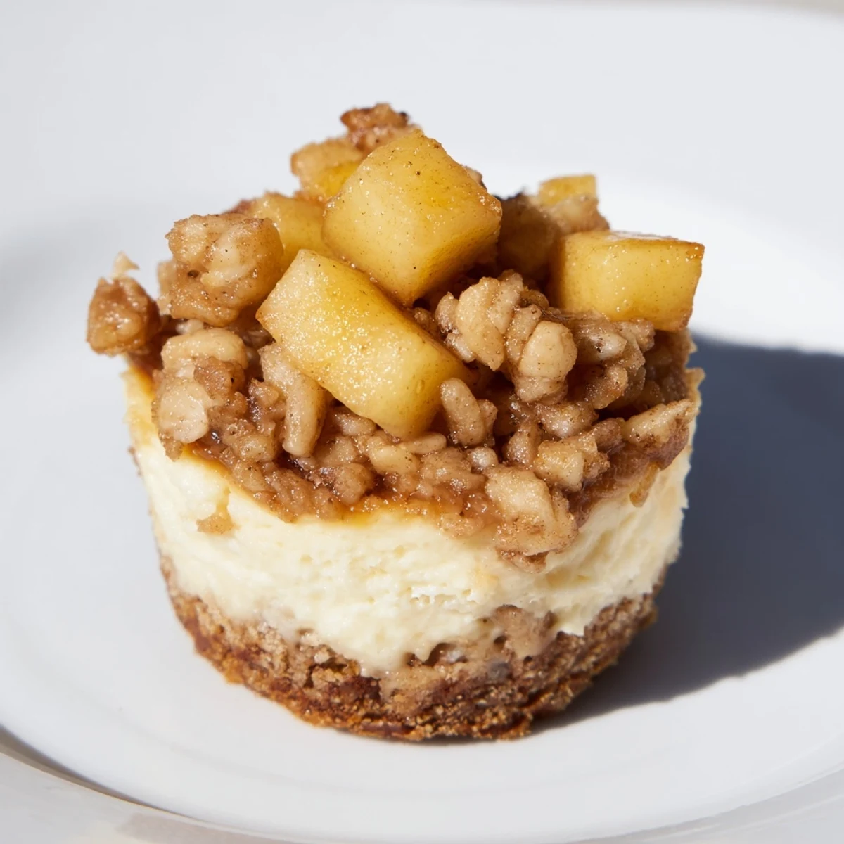 Golden brown apple crisp mini cheesecakes with spiced apple topping and graham cracker crust