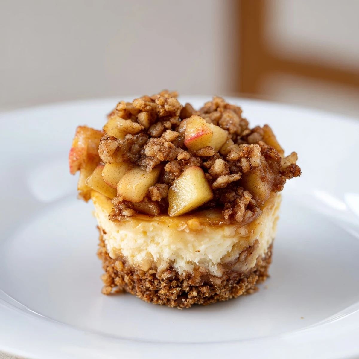 Individual cheesecakes featuring warm cinnamon apples and crunchy oat crumble on creamy vanilla filling