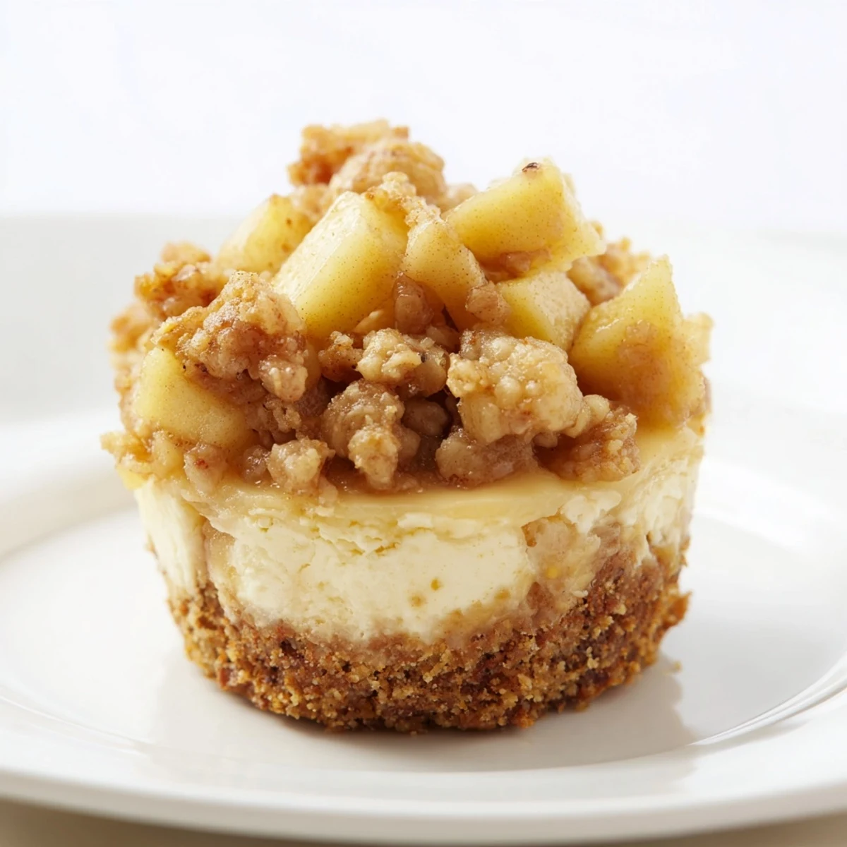 Rich mini cheesecakes topped with tender spiced apples and buttery crisp oat crumble mixture