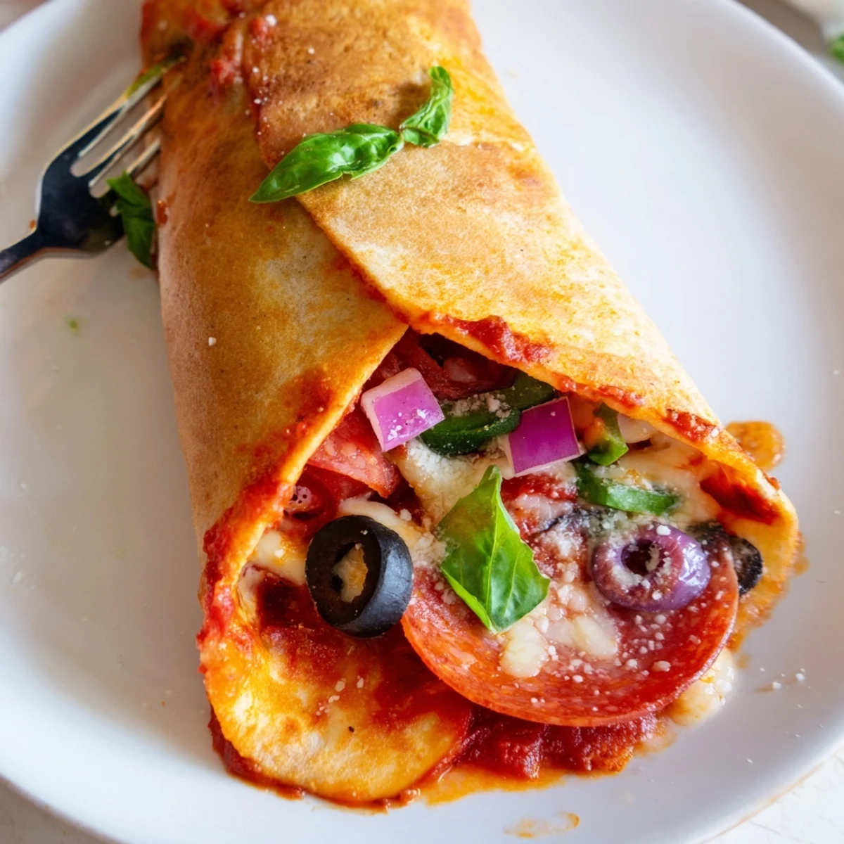 Golden oven baked pizza burritos filled with melted mozzarella pepperoni and colorful vegetables