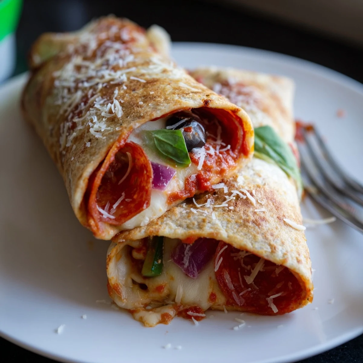 Delicious pizza burritos oozing with melted cheese pepperoni peppers olives and aromatic Italian seasonings