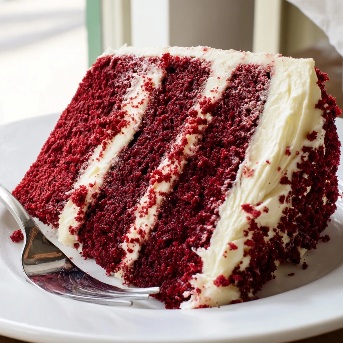 Moist red velvet cake recipe layered with creamy white frosting and topped with decorative crimson crumbs