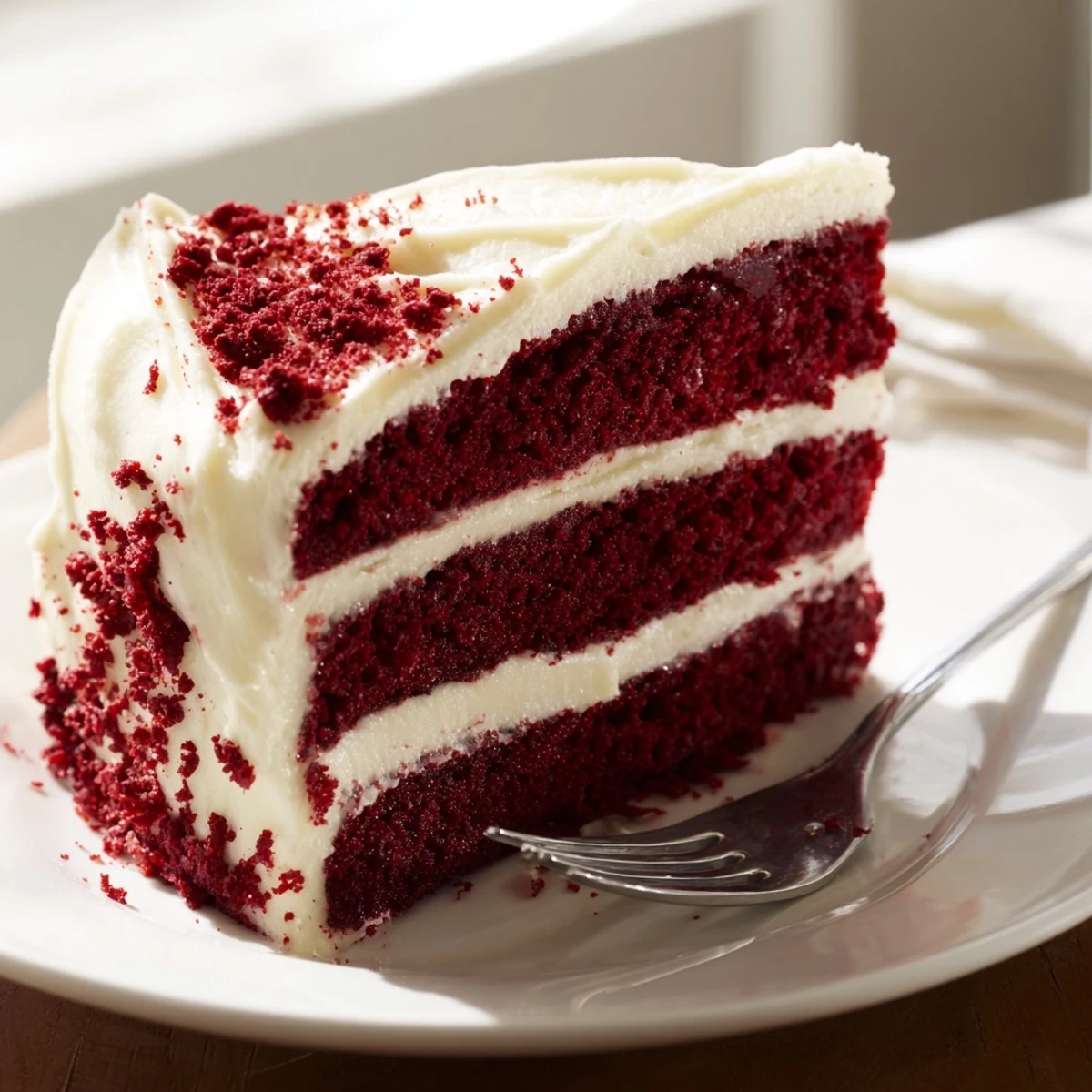 Classic red velvet cake recipe showing tender red layers with generous vanilla frosting spread between them
