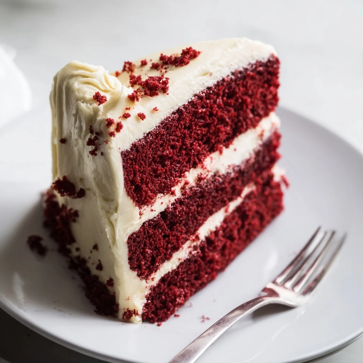 Two-tier red velvet cake recipe with smooth cream cheese frosting ready for slicing and serving
