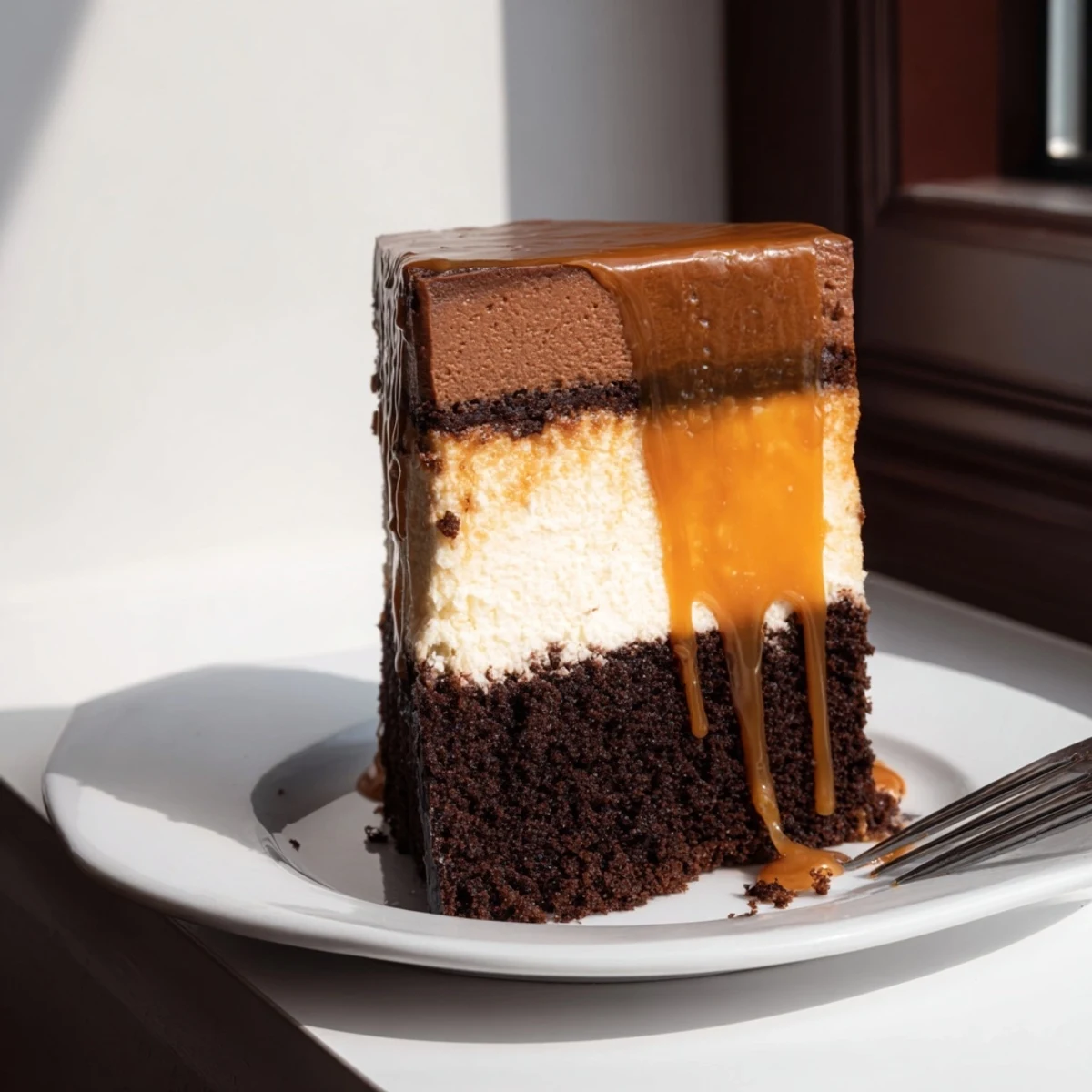 Decadent caramel brownie cheesecake bars featuring fudgy chocolate layers topped with gooey caramel sauce