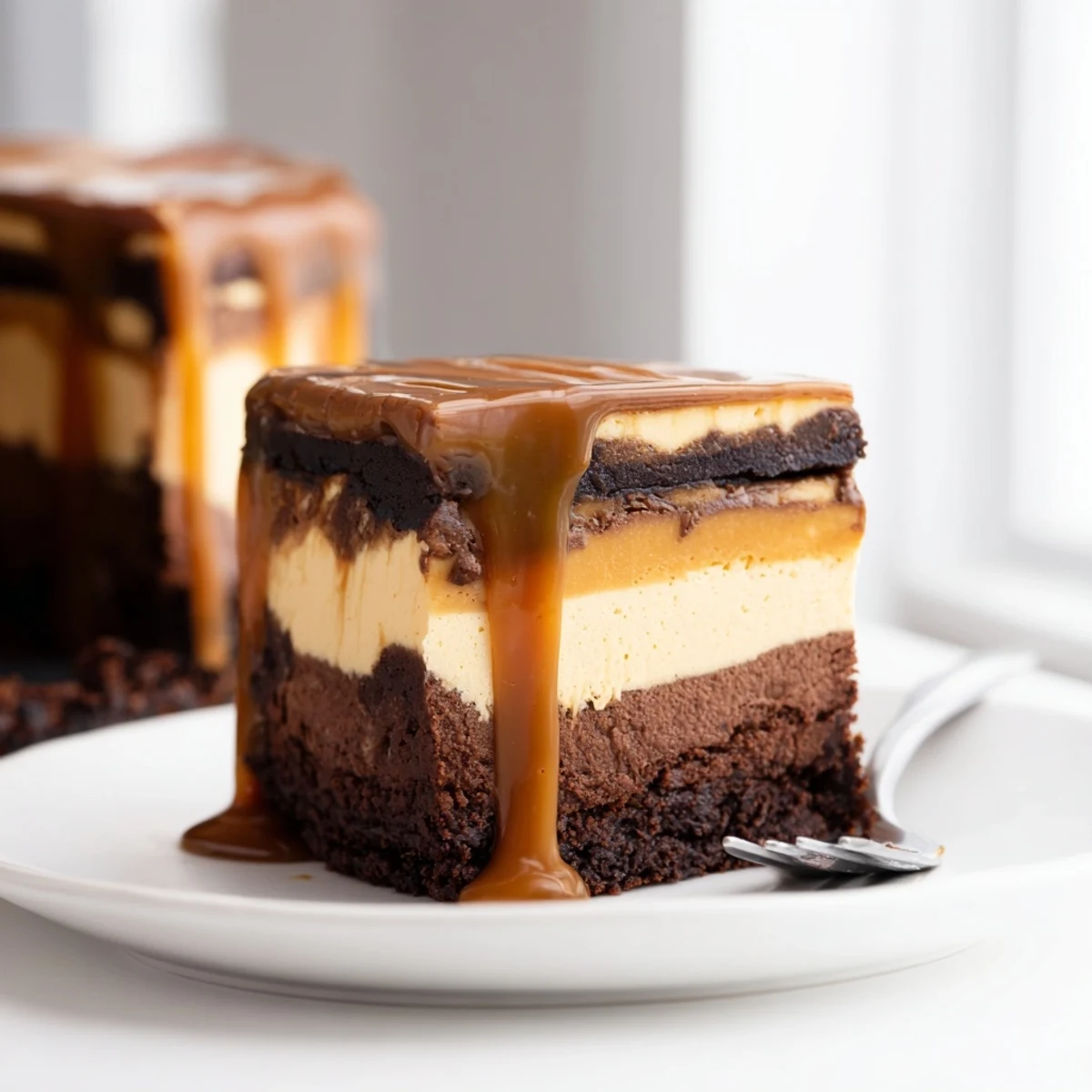 Rich caramel brownie cheesecake bliss with creamy cheesecake filling swirled over dark chocolate brownie base