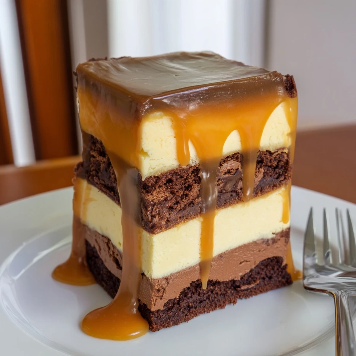 Slice of caramel brownie cheesecake showing three distinct layers of fudge, cream cheese, and golden caramel topping