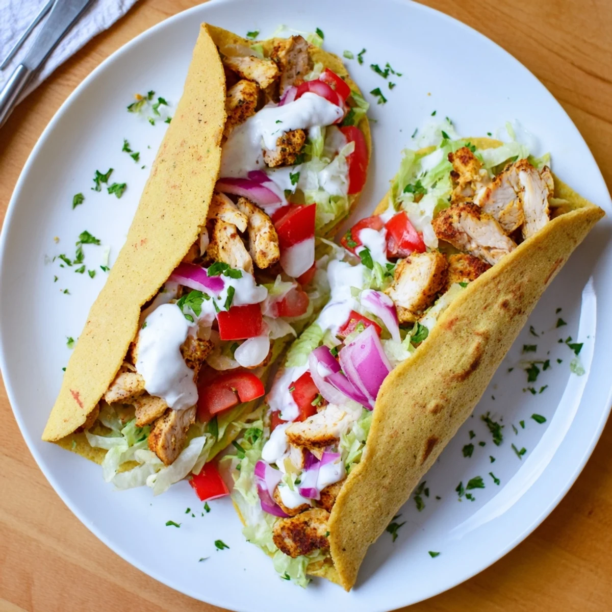 Golden brown cottage cheese flatbread wrapped around spiced grilled chicken strips with fresh lettuce and tomato garnish