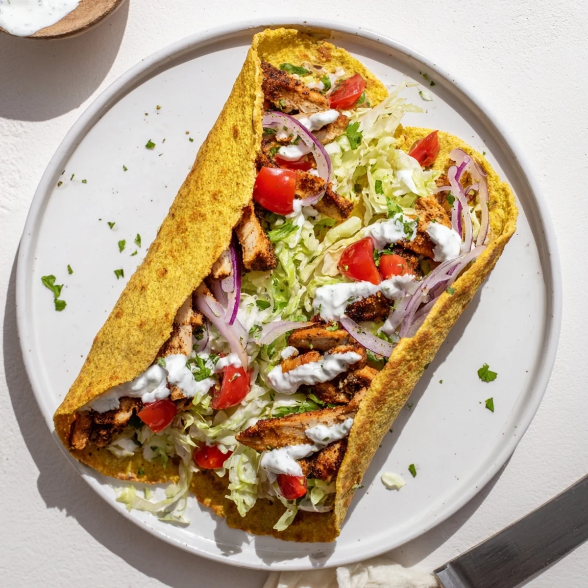 Sliced high protein cottage cheese flatbread chicken wrap revealing layers of juicy seasoned meat and crisp vegetables