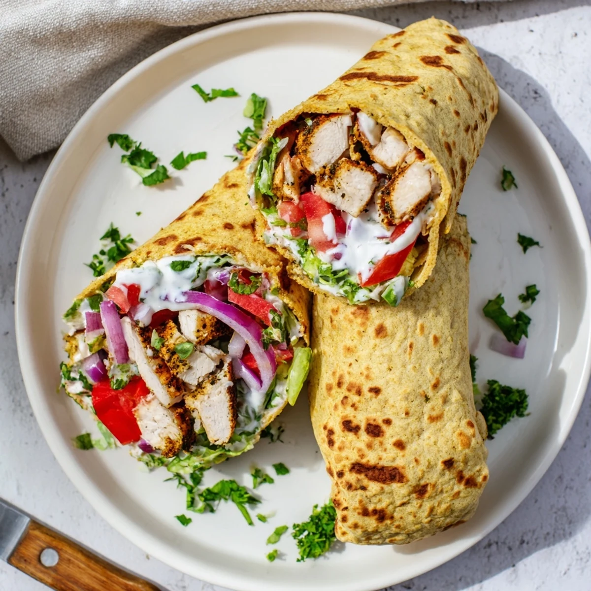Handheld crispy cottage cheese flatbread chicken wraps filled with tender spiced chicken and colorful veggie toppings