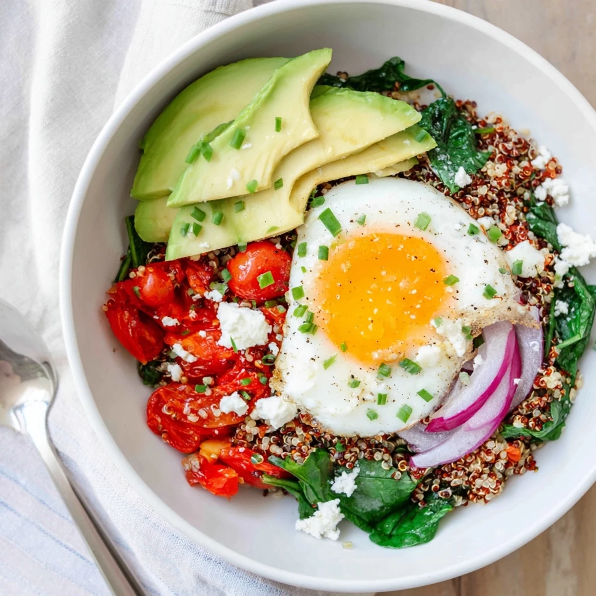 Hearty savory quinoa breakfast bowl featuring wilted spinach, cherry tomatoes, and perfectly runny egg