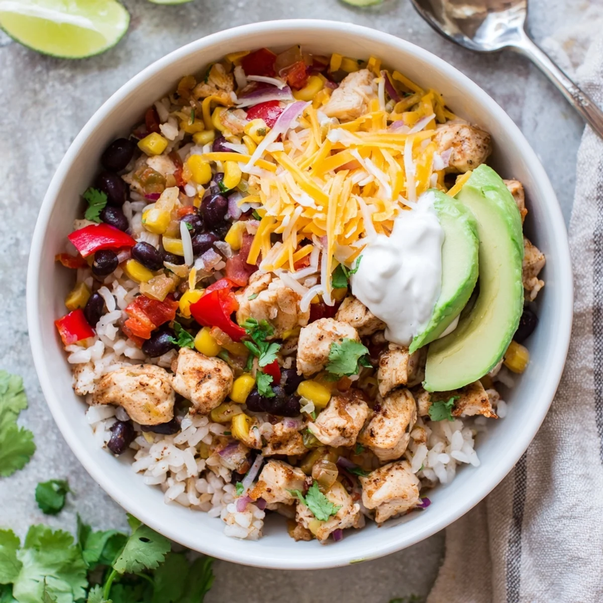 Instant Pot chicken burrito bowls topped with melted cheese, avocado, sour cream, and fresh cilantro