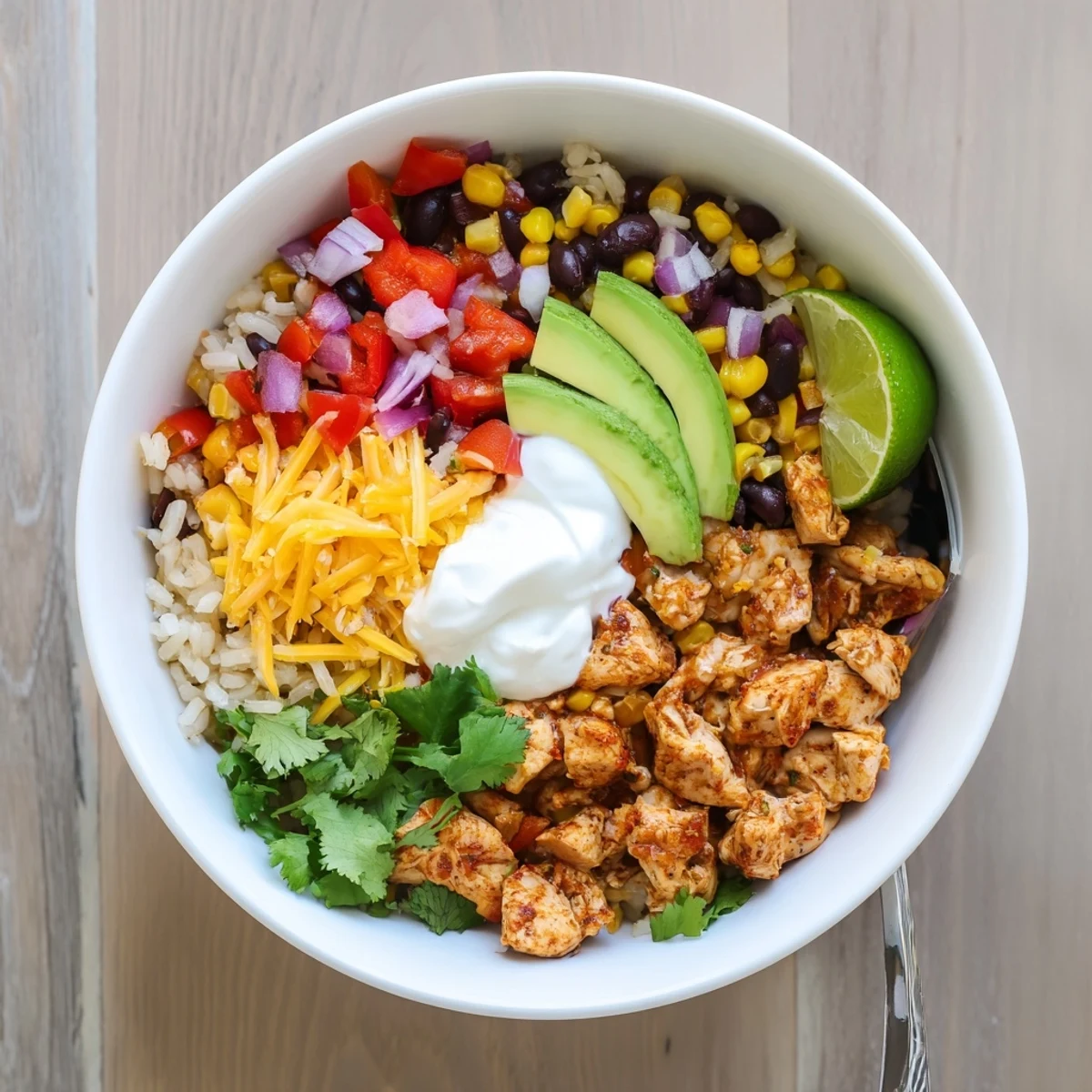 Vibrant chicken burrito bowl featuring tender spiced chicken, rice, black beans, corn, and colorful peppers