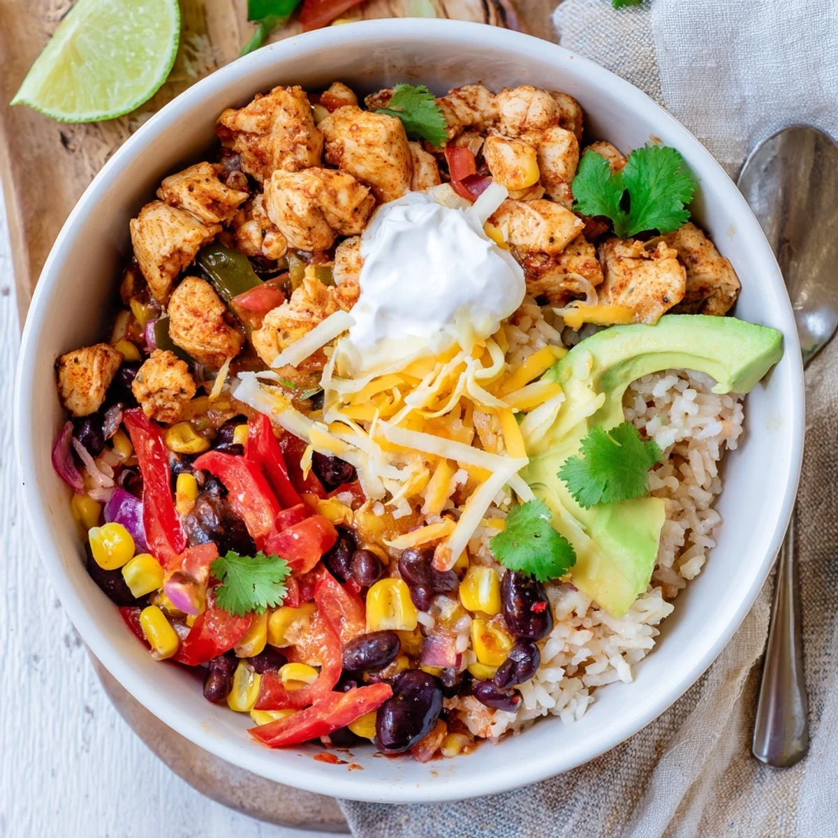 Steamy Instant Pot chicken burrito bowl with zesty seasonings, diced tomatoes, and creamy lime toppings