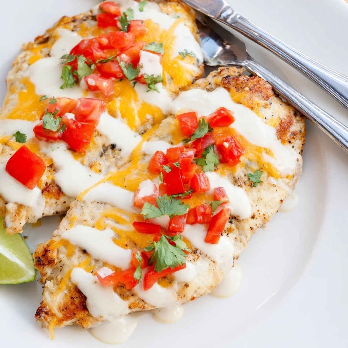 Grilled Fiesta Lime Chicken topped with melted cheddar cheese and drizzled with creamy white sauce