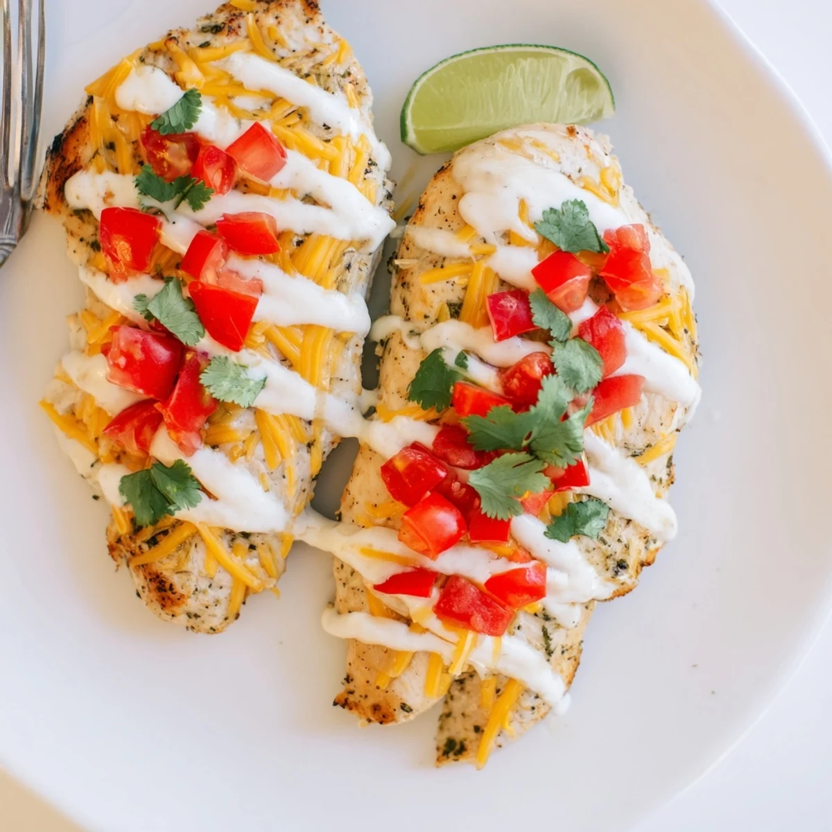 Southwestern Fiesta Lime Chicken with tangy crema sauce, cheese, and lime wedges on a white plate