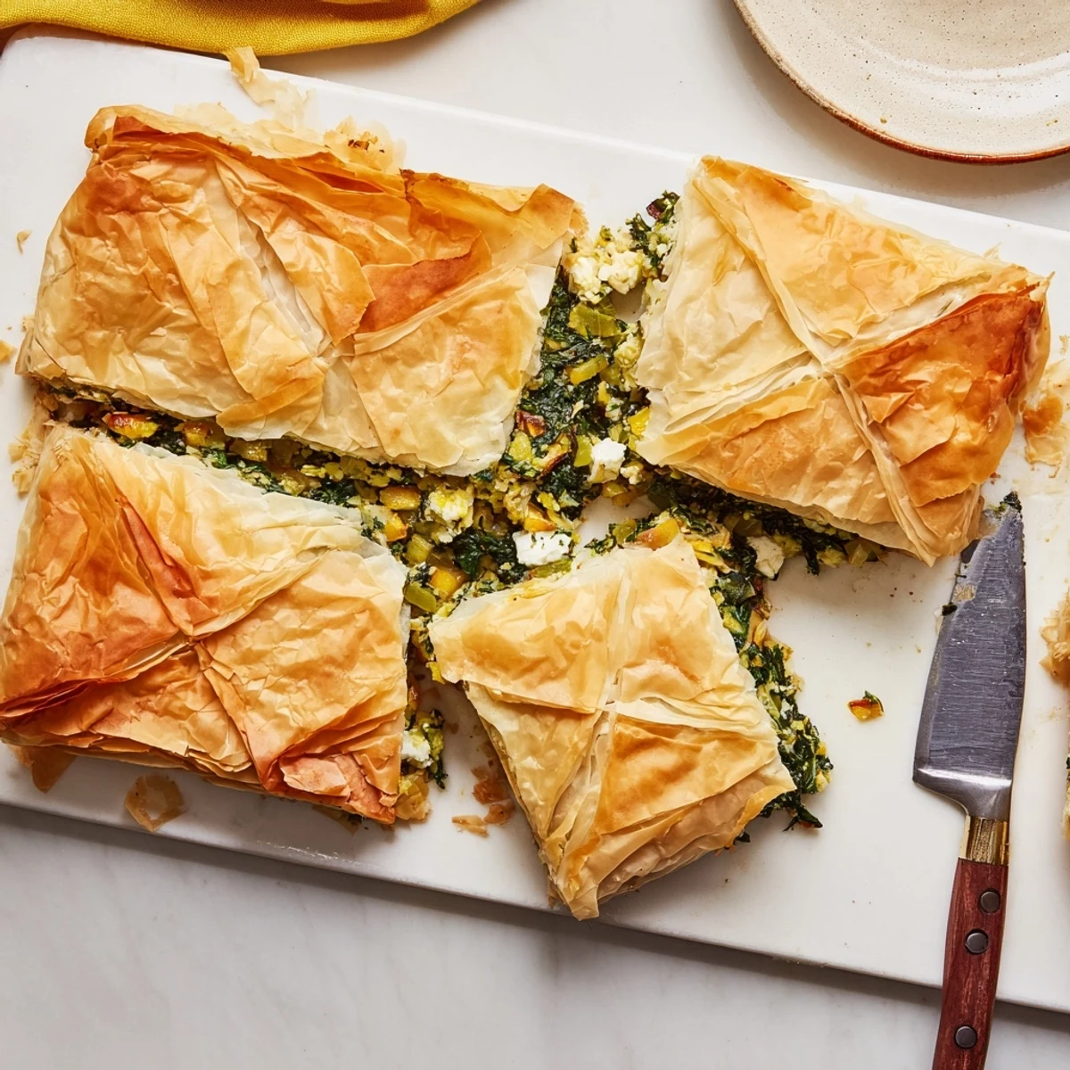Golden baked authentic Greek spanakopita with flaky phyllo layers and vibrant spinach feta filling