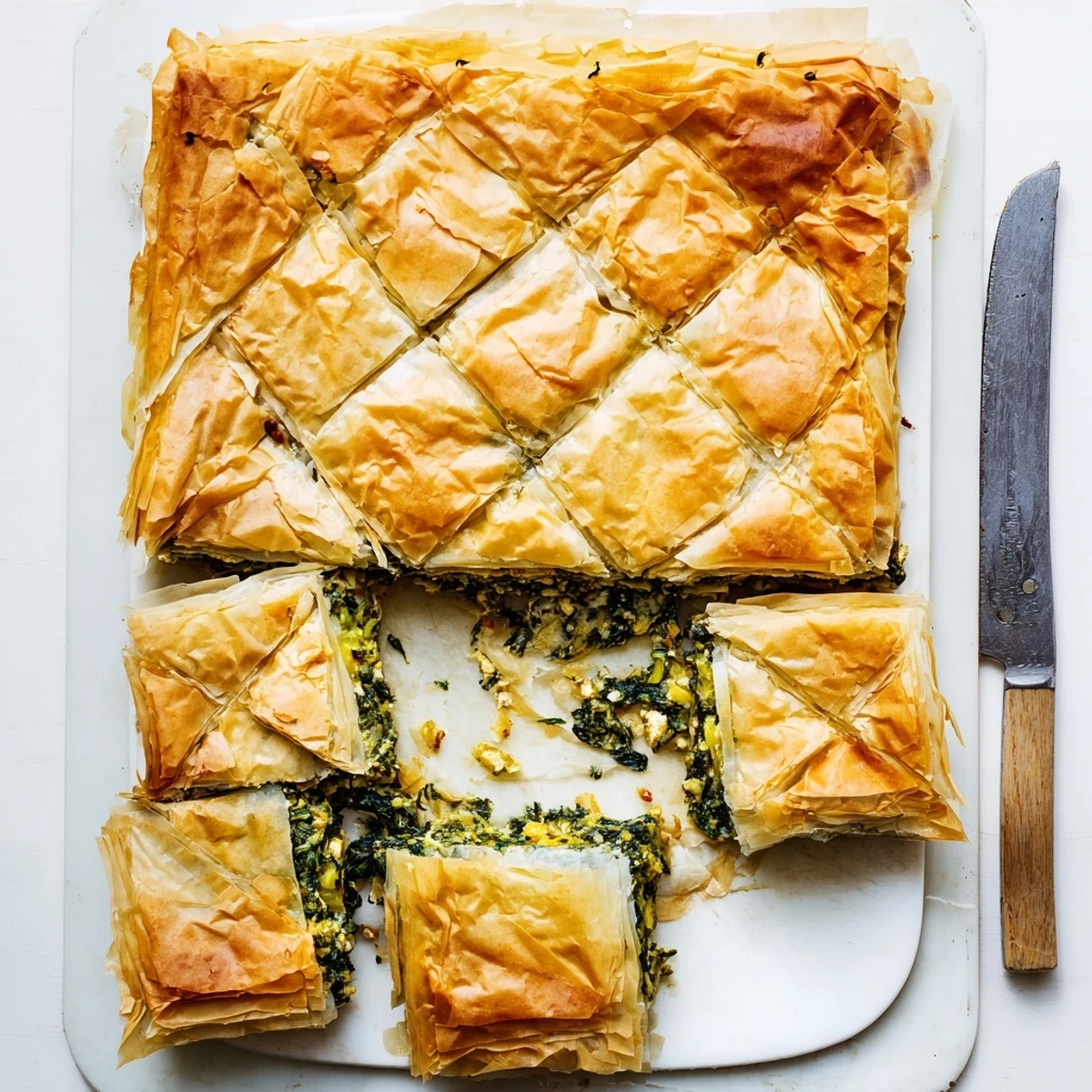 Whole authentic Greek spanakopita pie brushed with olive oil ready for serving with Greek salad