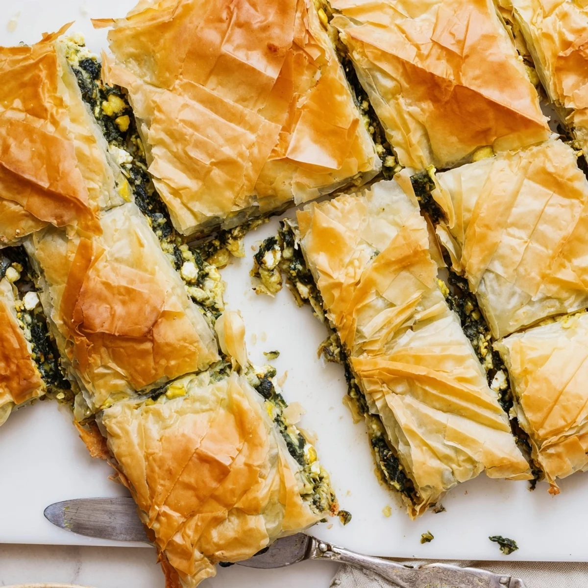 Freshly sliced authentic Greek spanakopita revealing creamy herb feta center inside buttery crispy phyllo pastry