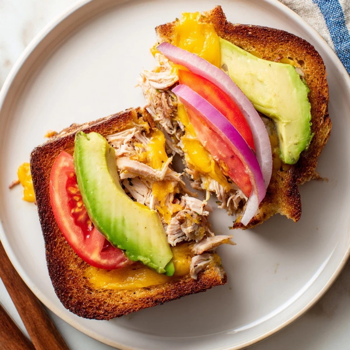 Golden brown Chicken Avocado Melt Sandwich with melted cheese oozing from crispy toasted sourdough bread slices