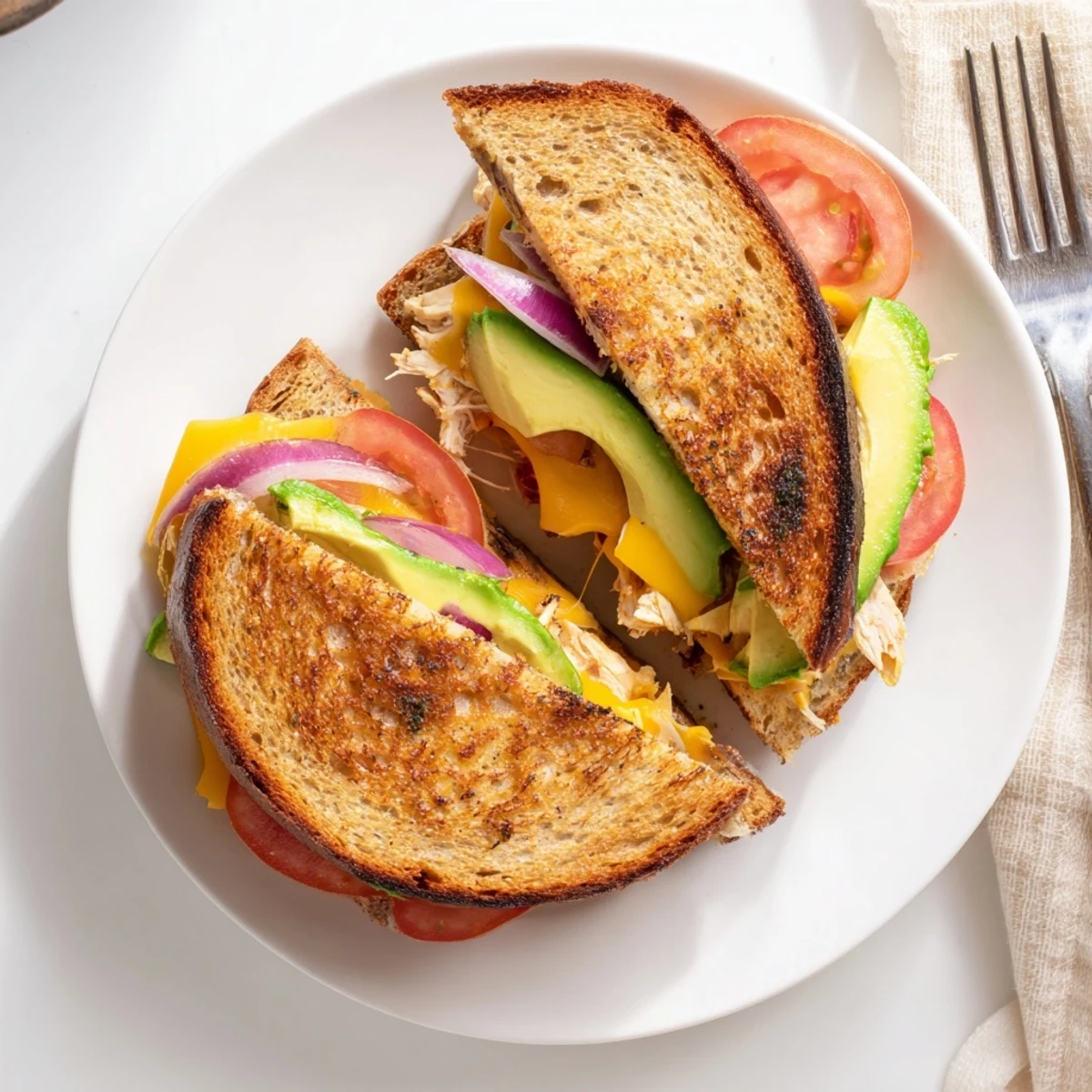 Open faced Chicken Avocado Melt Sandwich plated with fresh tomato slices and perfectly melted golden cheese topping