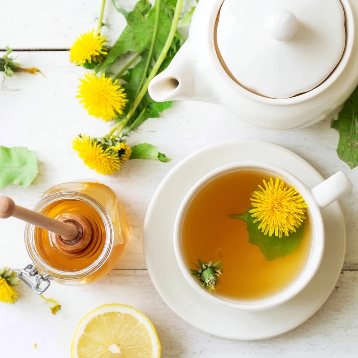 Golden dandelion tea steaming in a white ceramic mug with fresh yellow petals floating on top