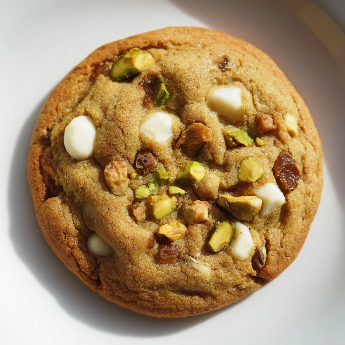 Golden Dubai chewy cookie with chopped pistachios and sweet dates on a white plate