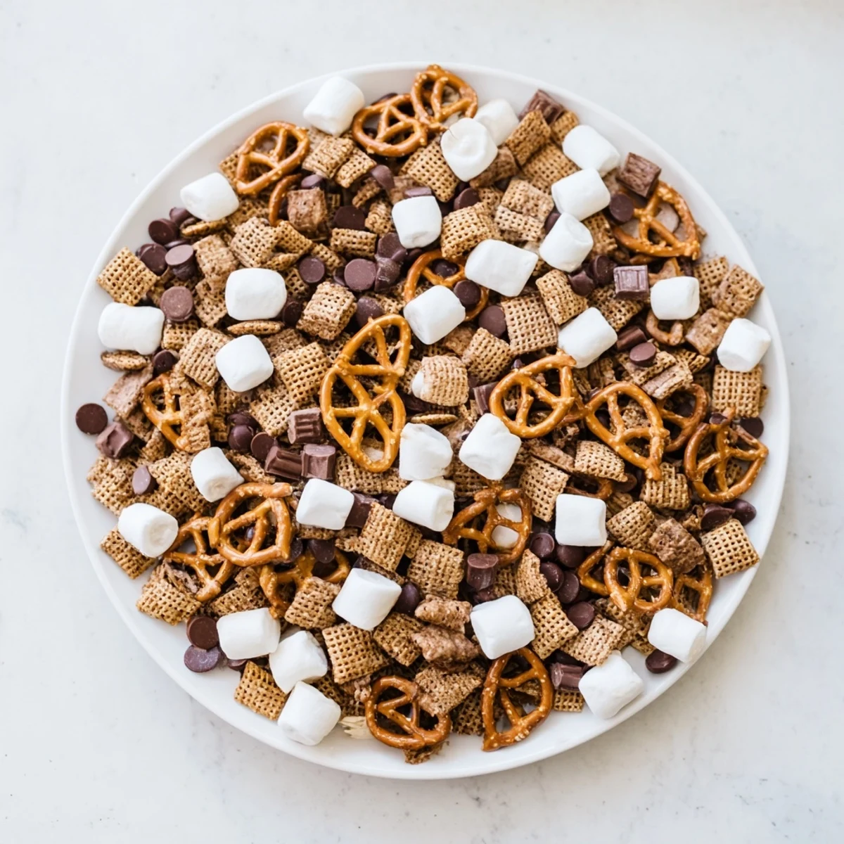 Colorful bowl of s'mores snack mix overflowing with chocolate chips, marshmallows, and crunchy pretzels