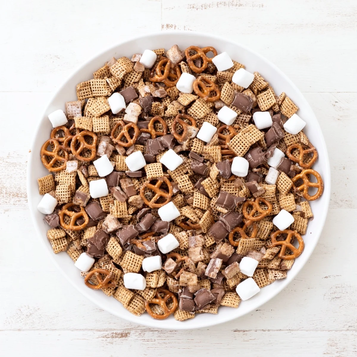 Golden graham cereal tossed with mini marshmallows and milk chocolate in this easy s'mores snack mix