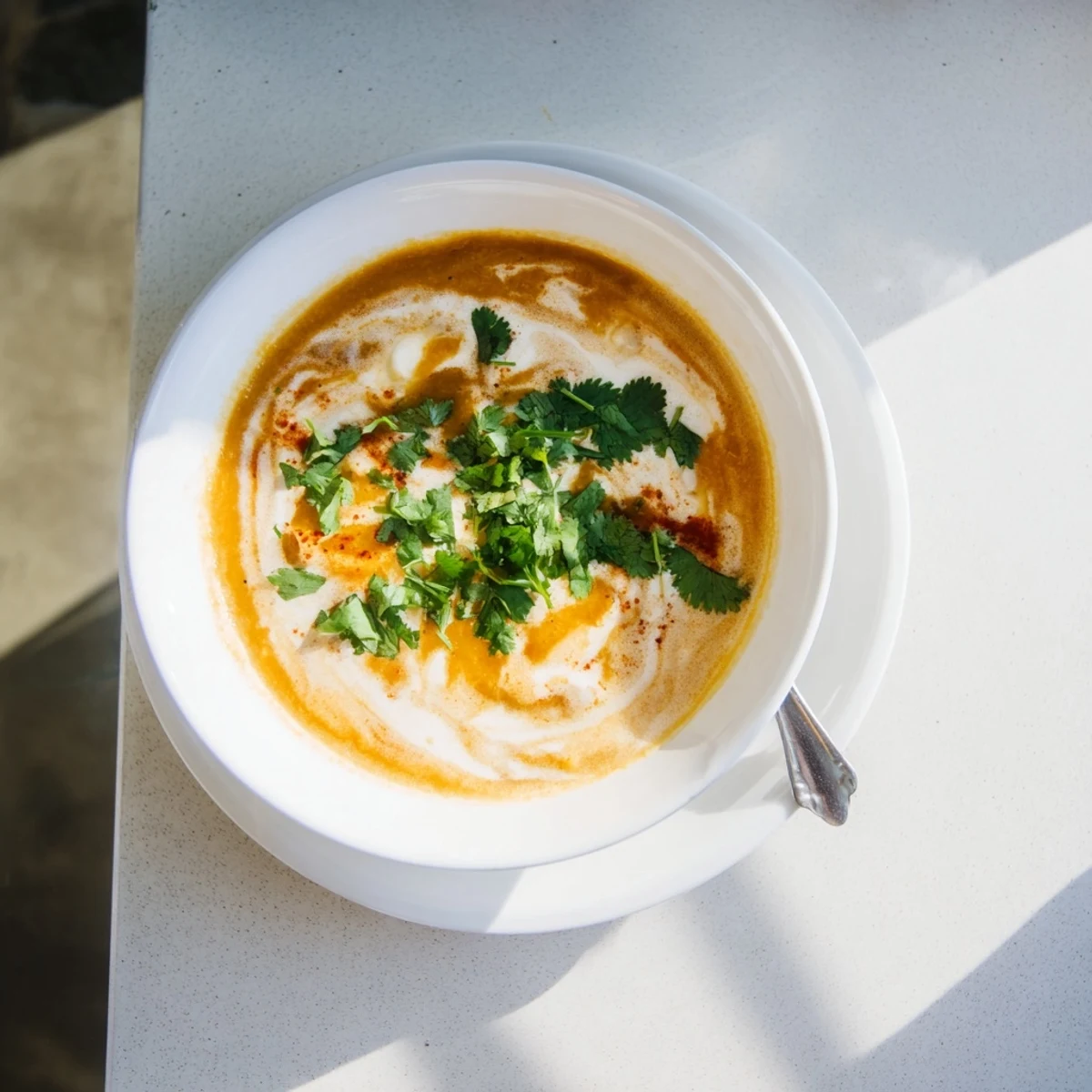 Creamy spicy apple soup in a white bowl topped with coconut cream swirl and fresh herbs