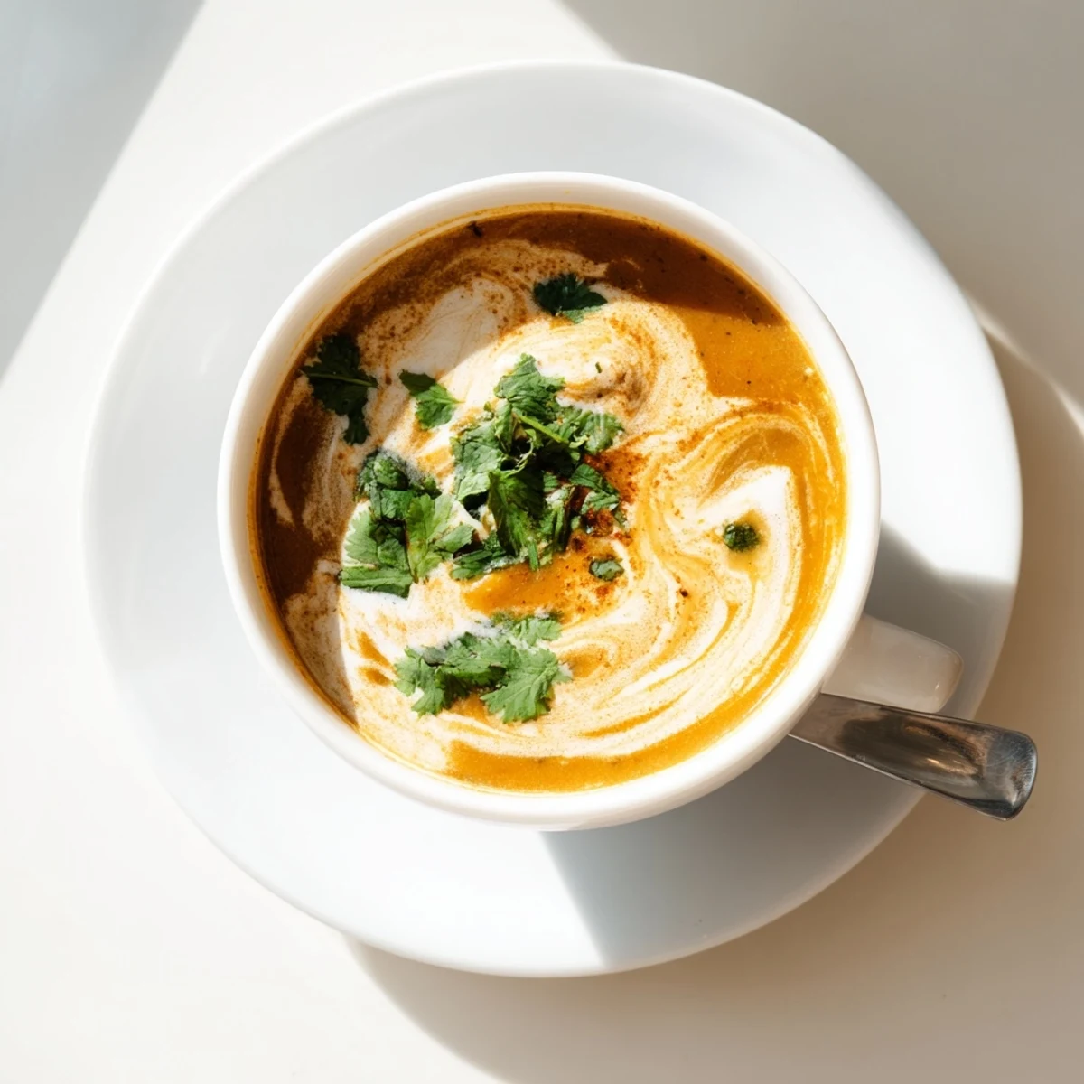 Golden smooth spicy apple soup ladled into rustic bowls with garnish of green coriander leaves