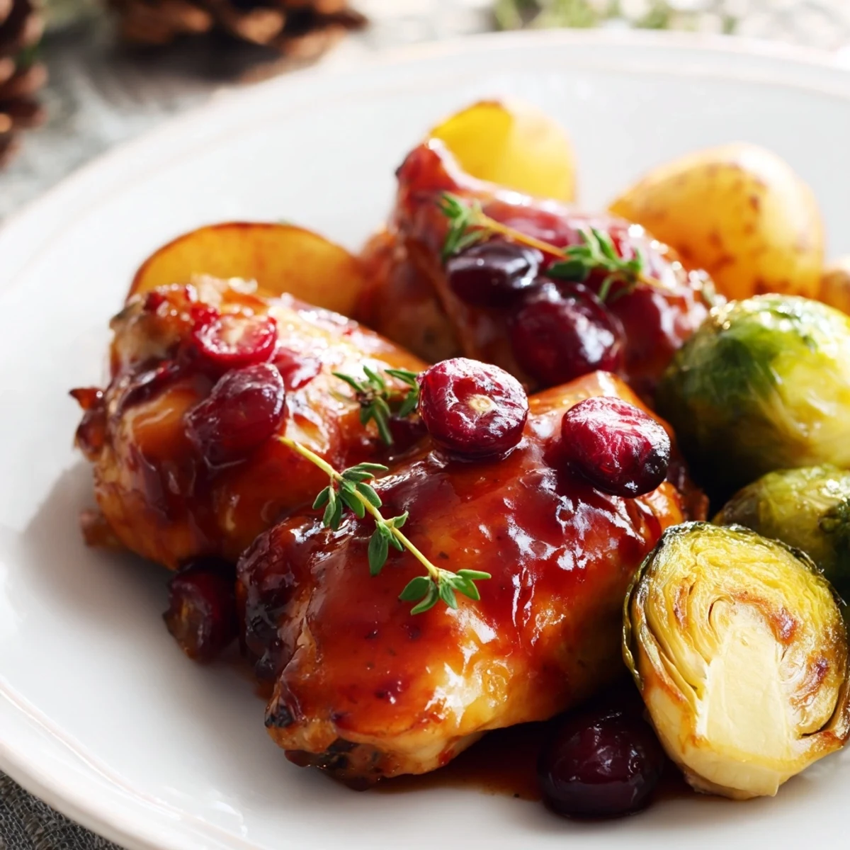 Golden glazed chicken breasts roasted with Brussels sprouts and baby potatoes on a single baking sheet
