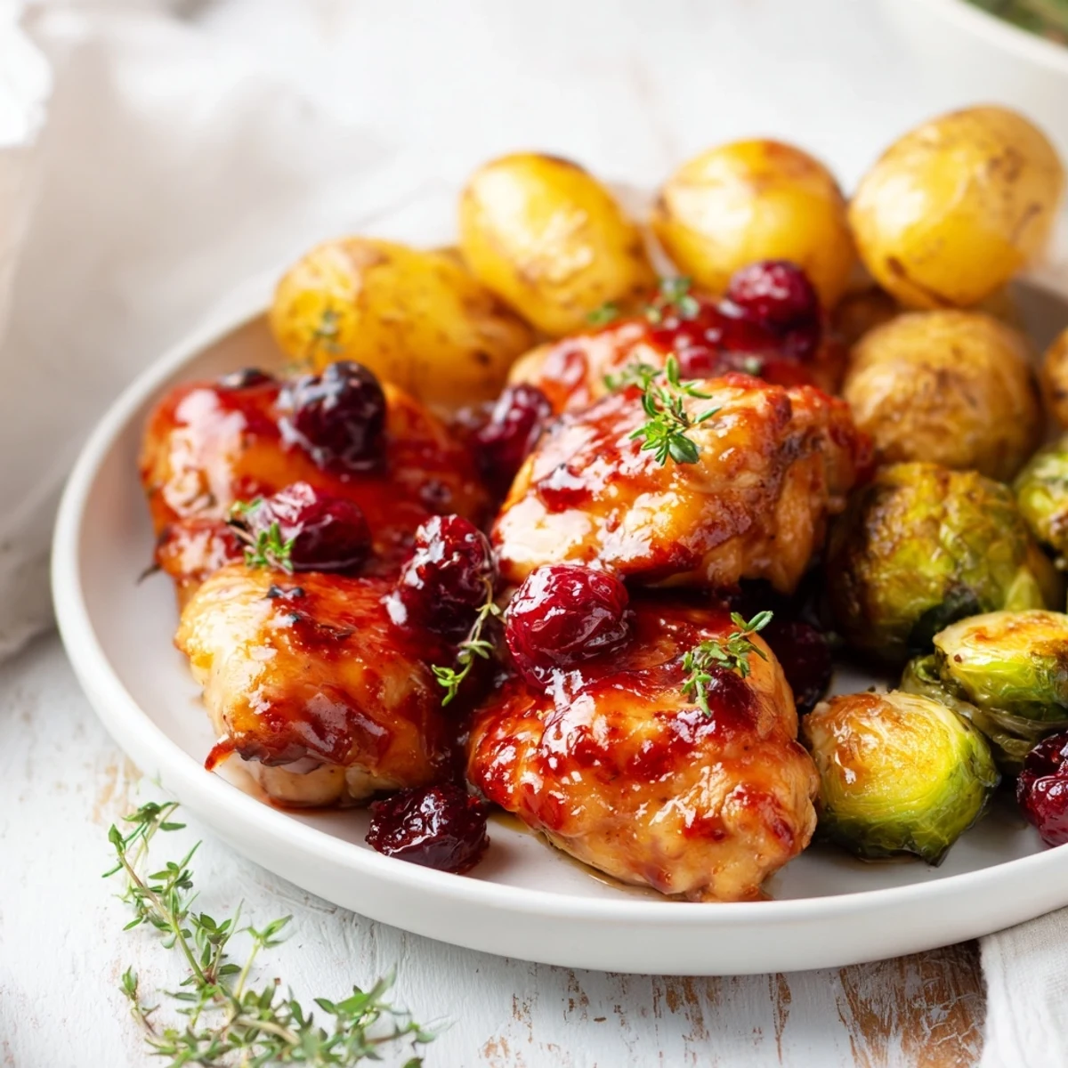 Juicy honey cranberry chicken dinner with colorful roasted vegetables arranged on a parchment-lined pan