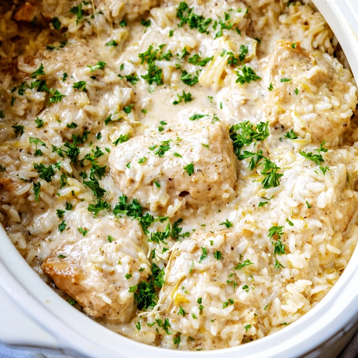 Savory chicken and rice casserole bubbling with rich cream sauce and Italian seasoning in a Dutch oven