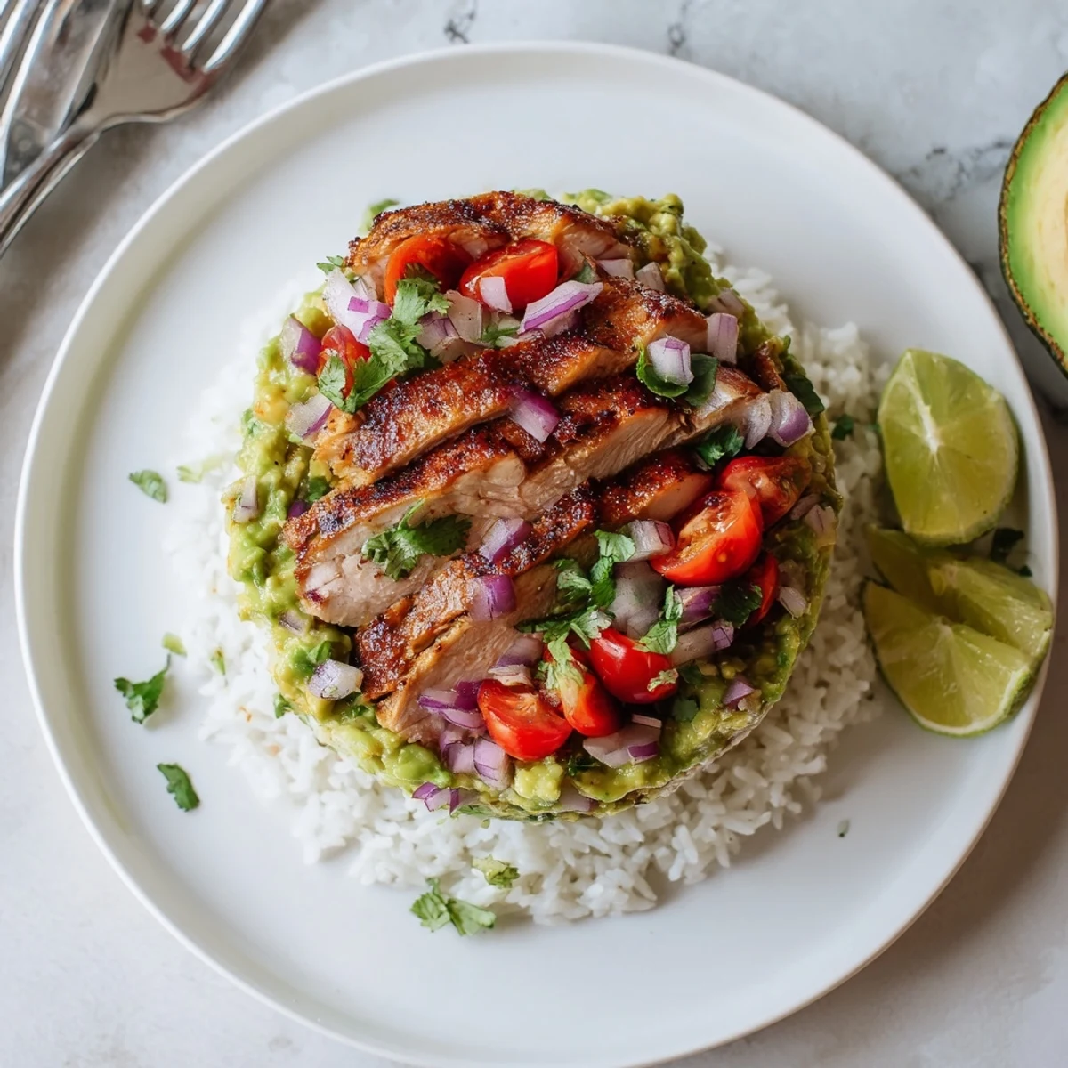Honey lime chicken avocado rice stack featuring grilled sliced chicken over fluffy white rice with creamy diced avocado and fresh cilantro garnish