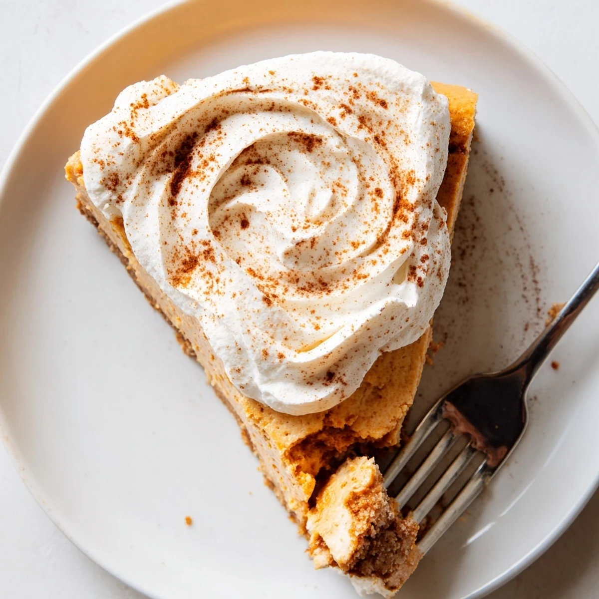 Rich Pumpkin Spice Christmas Cheesecake with spiced graham cracker crust topped with fluffy white whipped cream