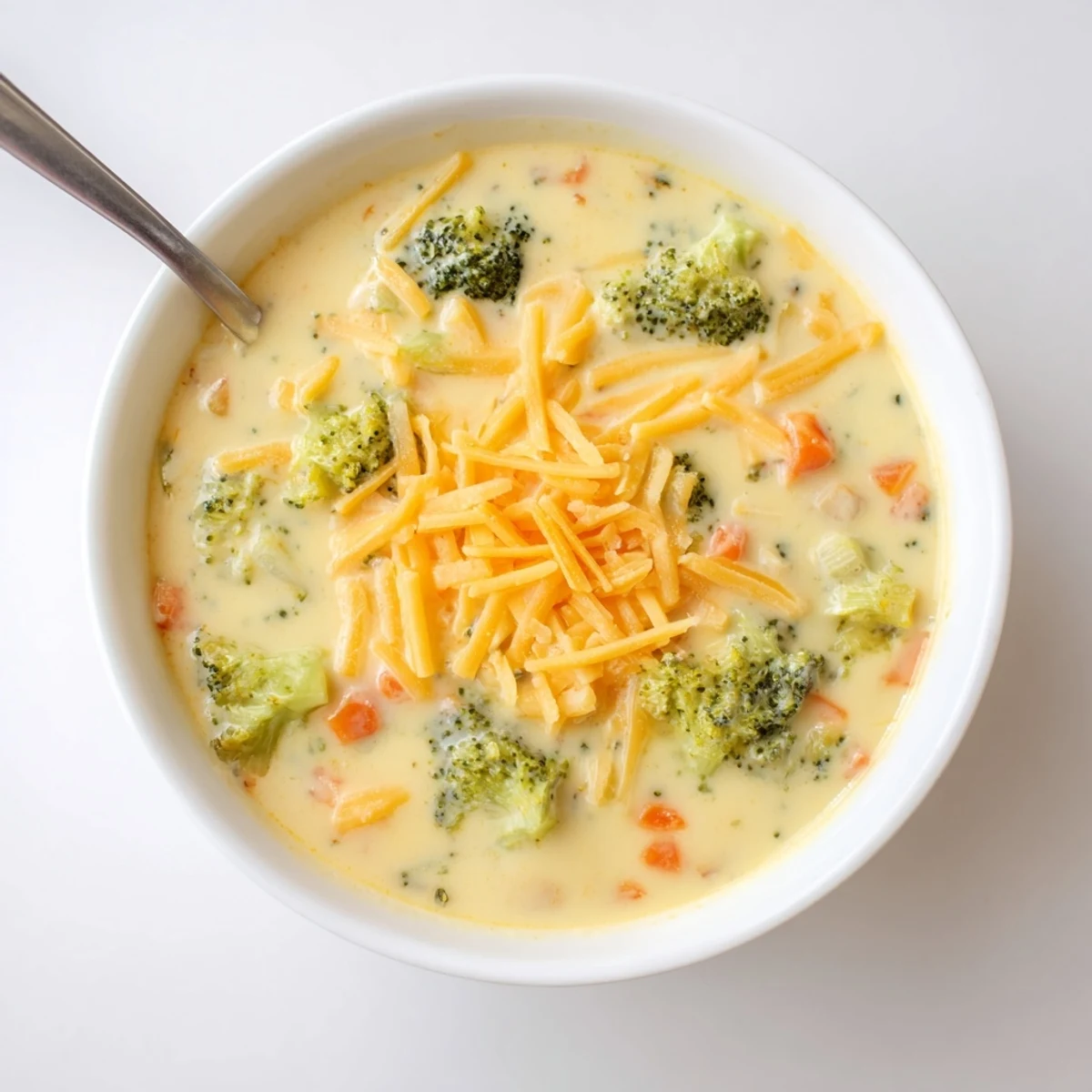 Velvety homemade broccoli cheddar soup ladled into serving bowls with crusty bread on the side