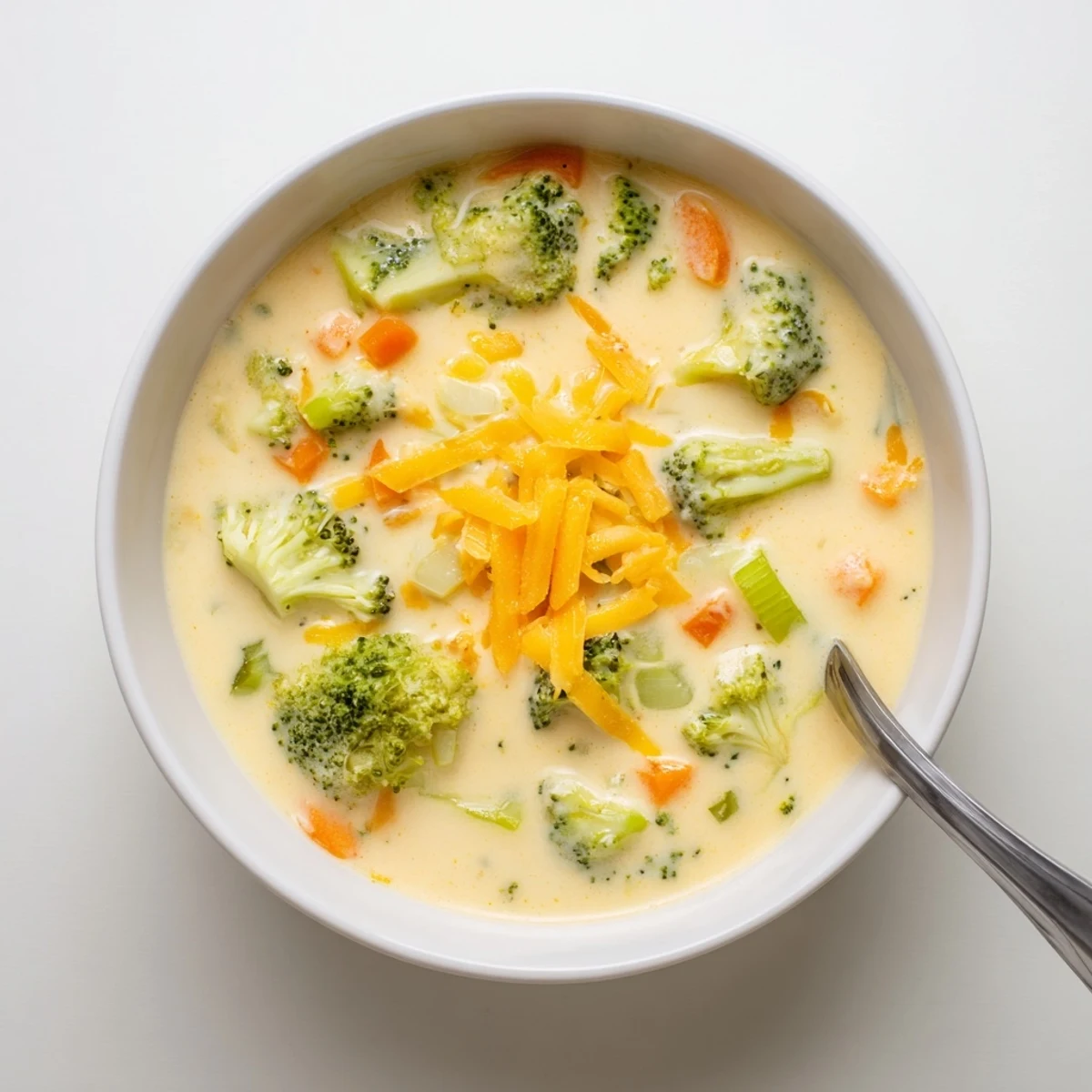 Creamy slow cooker broccoli cheddar soup in a white bowl topped with melted cheese and fresh chives