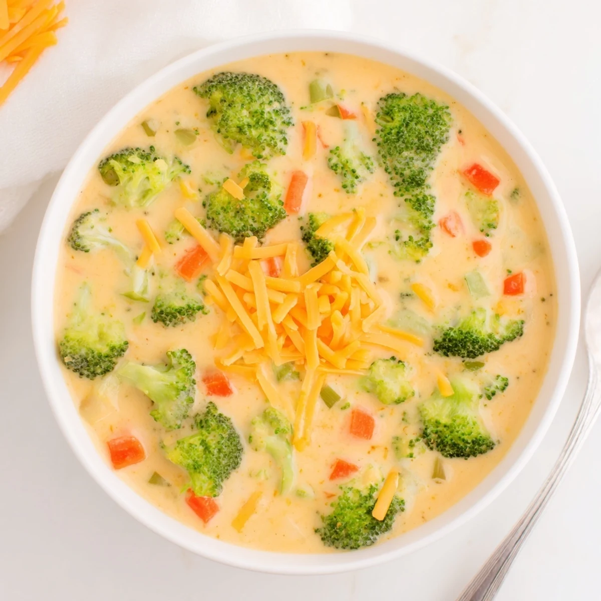 Golden broccoli florets floating in rich cheddar soup slow cooker recipe garnished with shredded cheese