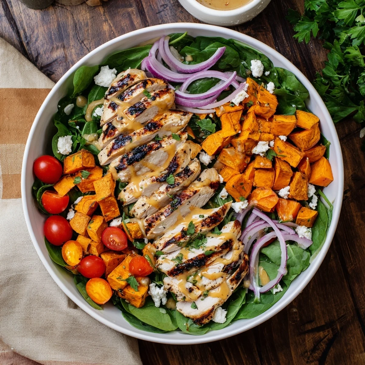 Golden roasted sweet potatoes and sliced maple Dijon chicken arranged in a wholesome bowl with fresh vegetables