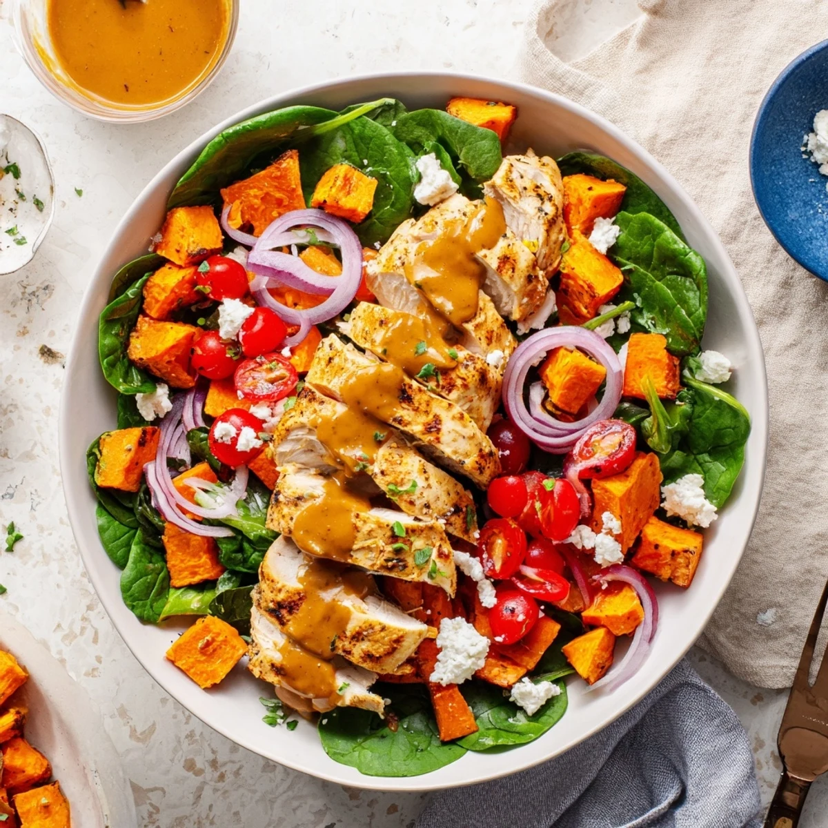 Juicy maple Dijon glazed chicken breast served over roasted sweet potatoes with tangy dressing and greens