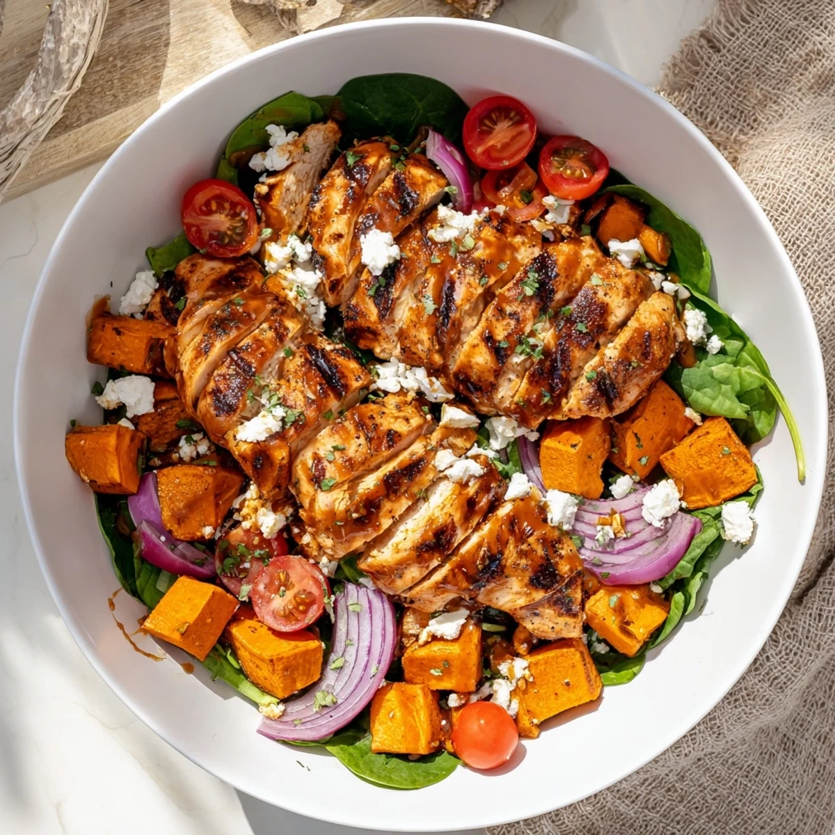 Vibrant meal prep bowl featuring marinated maple Dijon chicken tenderly paired with caramelized roasted sweet potatoes