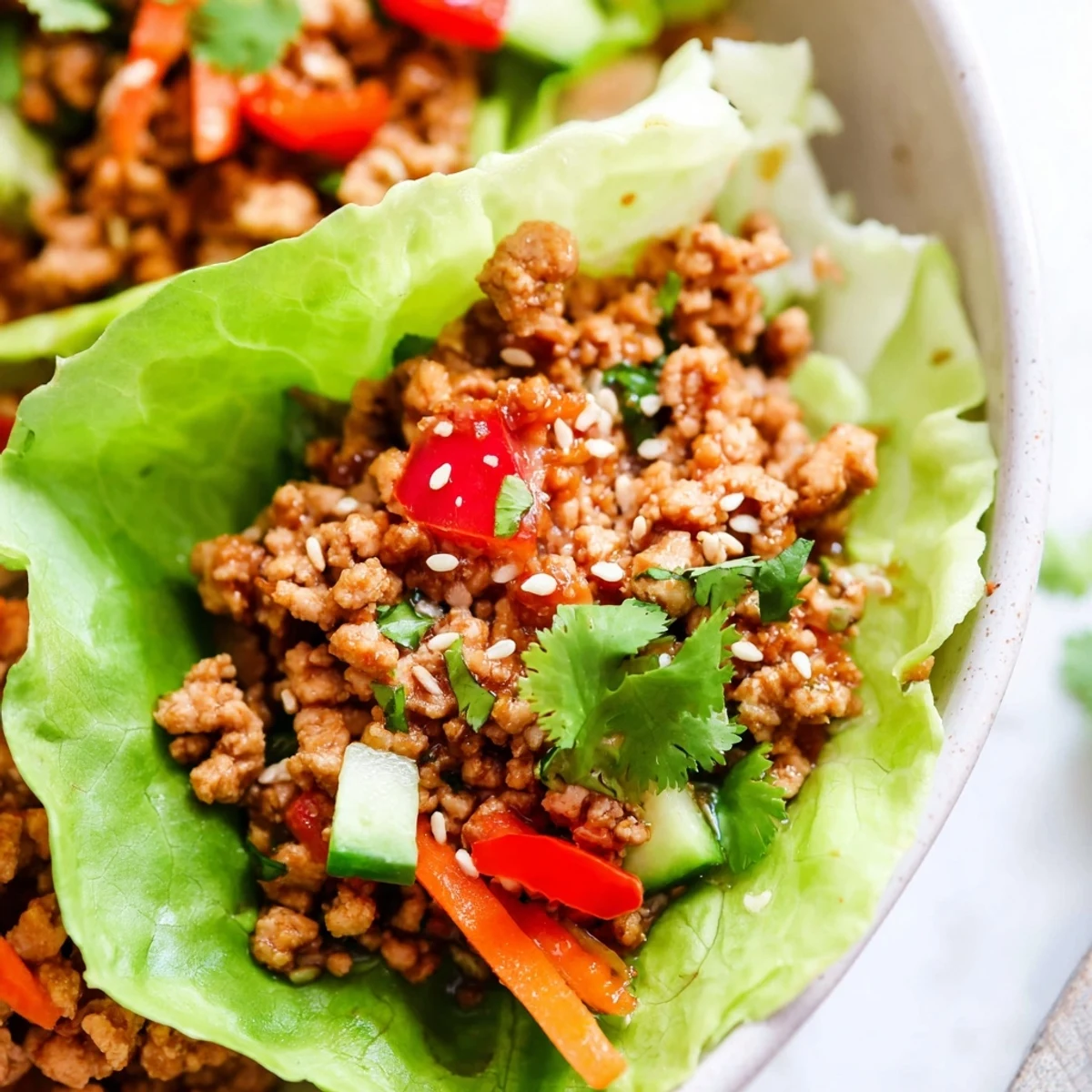 Seasoned ground turkey lettuce wrap bowls topped with cilantro and sesame seeds in crisp leaves